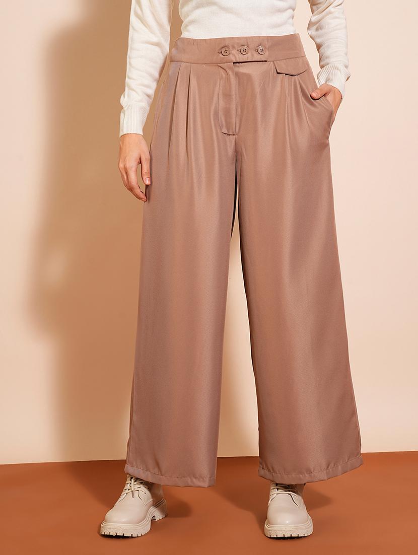 globus women khaki solid high-rise pleated wide-leg workwear trousers - 21531797 - Zoom Image - 0