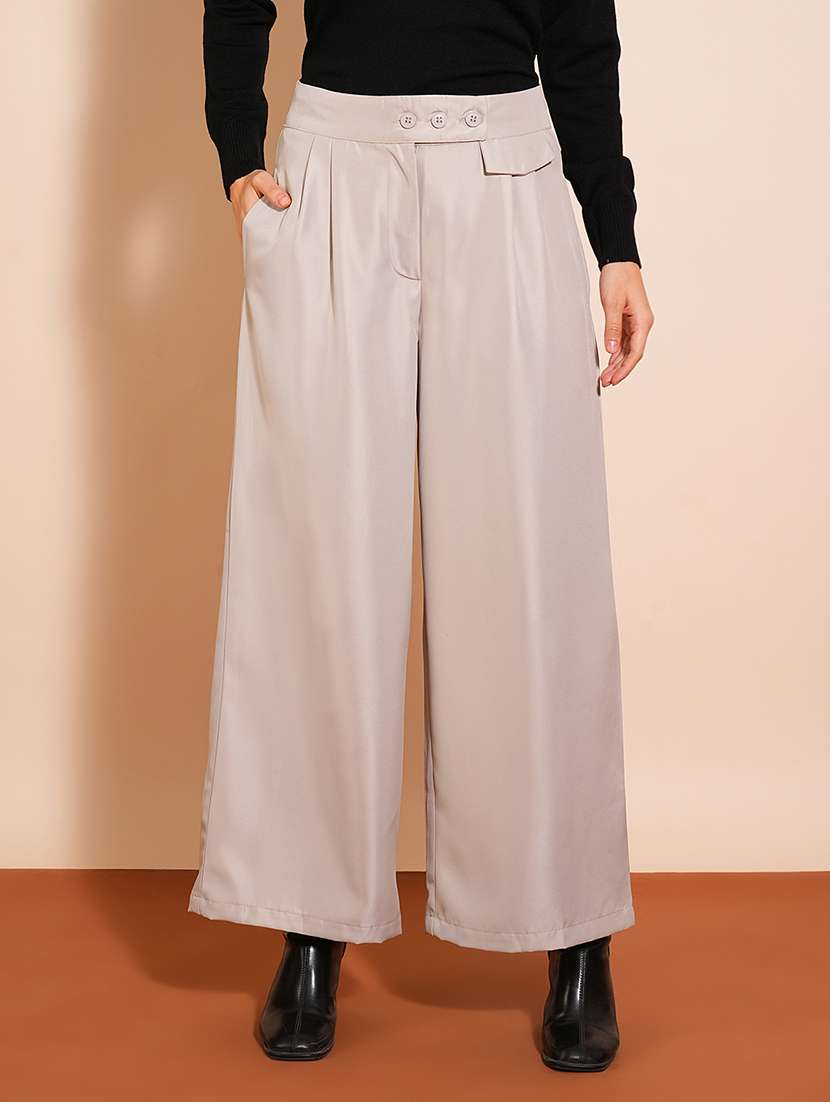 globus women ash grey solid high-rise pleated wide-leg workwear trousers