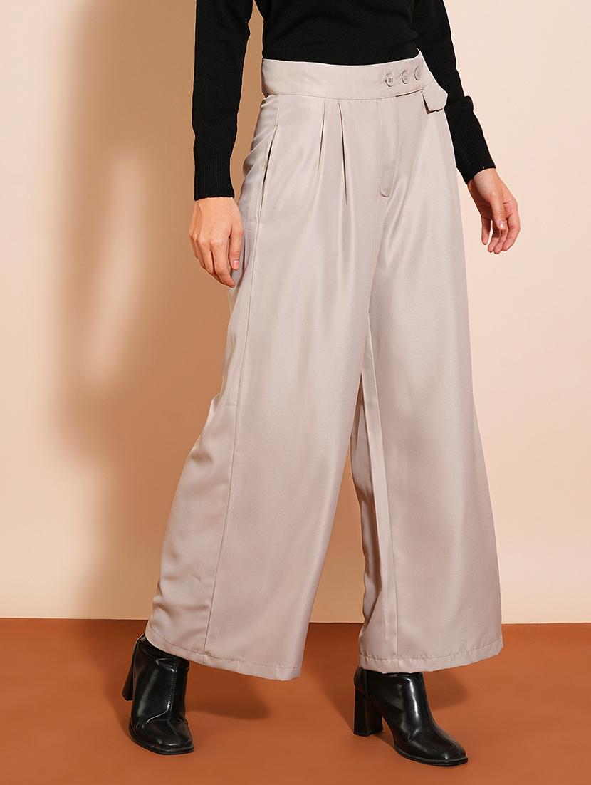 globus women ash grey solid high-rise pleated wide-leg workwear trousers - 21531798 - Standard Image - 2