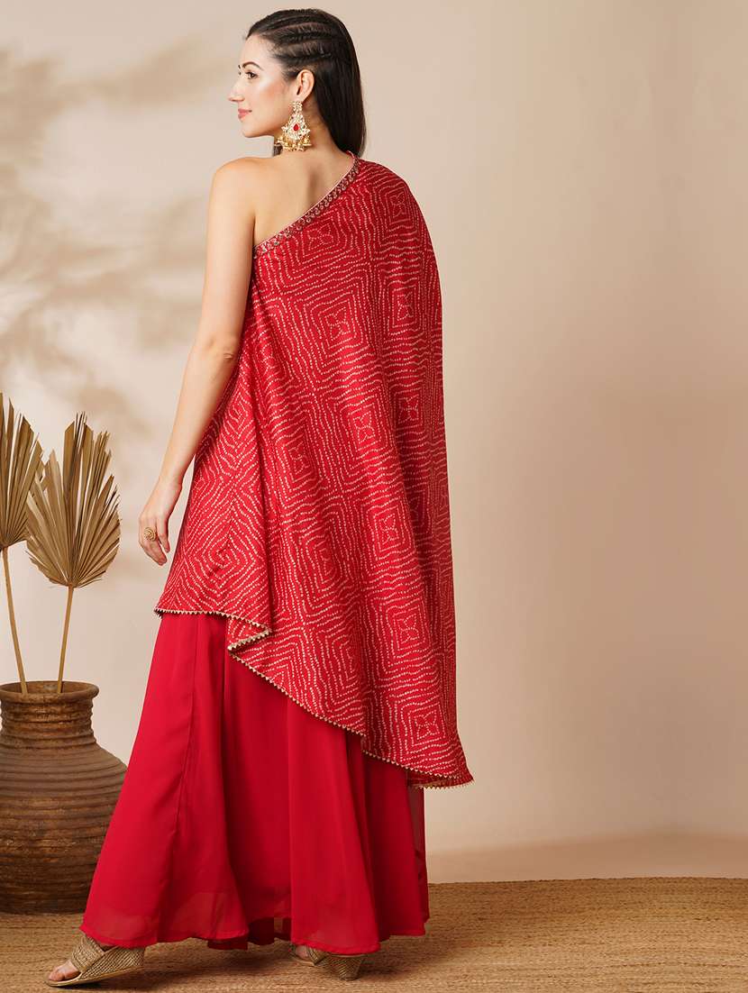 globus women red bandhani printed embroidered one shoulder tunic & georgette elasticated floor length skirt fusion co-ord set - 21531803 - Standard Image - 2