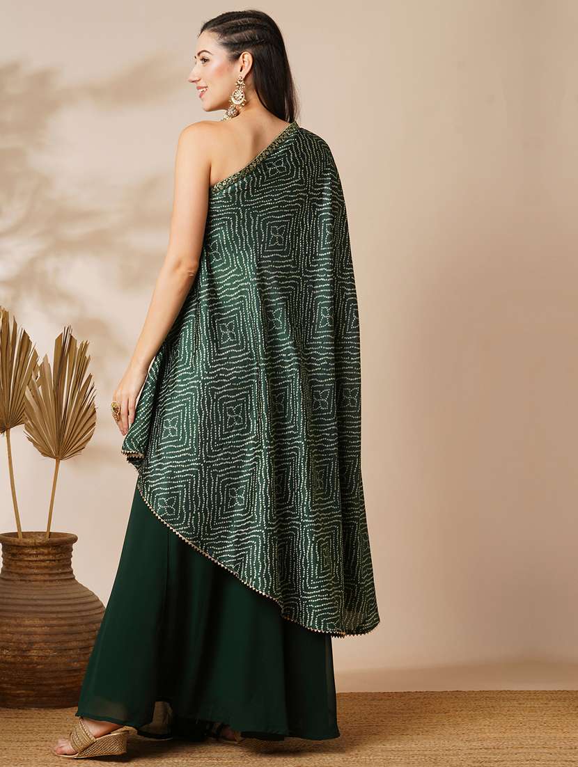 globus women green bandhani printed embroidered one shoulder tunic & georgette elasticated floor length skirt fusion co-ord set - 21531804 - Standard Image - 2