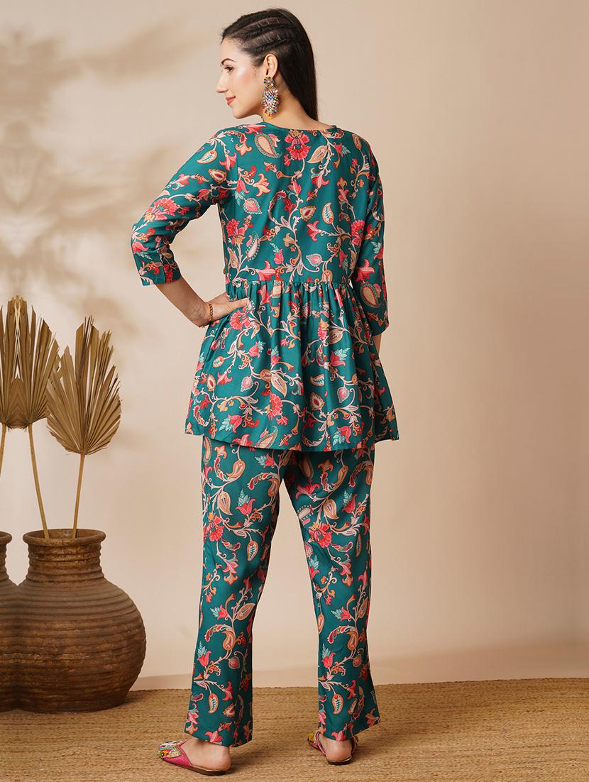 globus women green floral embroidered v-neck with tassel detailing a-line peplum tunic & ankle length pants fusion co-ord set - 21531805 - Standard Image - 2