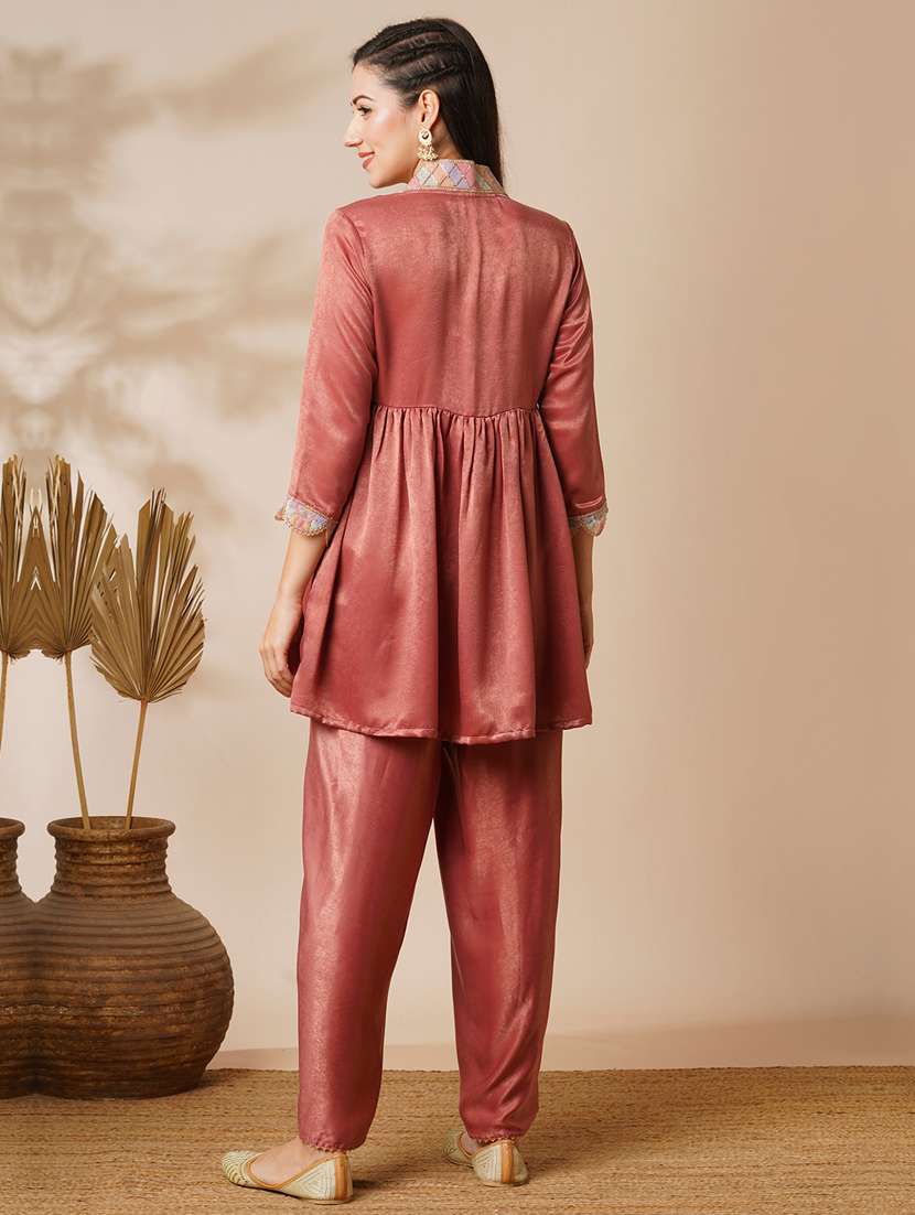 women pink overlapping sequined lace v-neck velvet peplum tunic & ankle length partial elasticated dhoti fusion co-ord set - 21531807 - Standard Image - 2