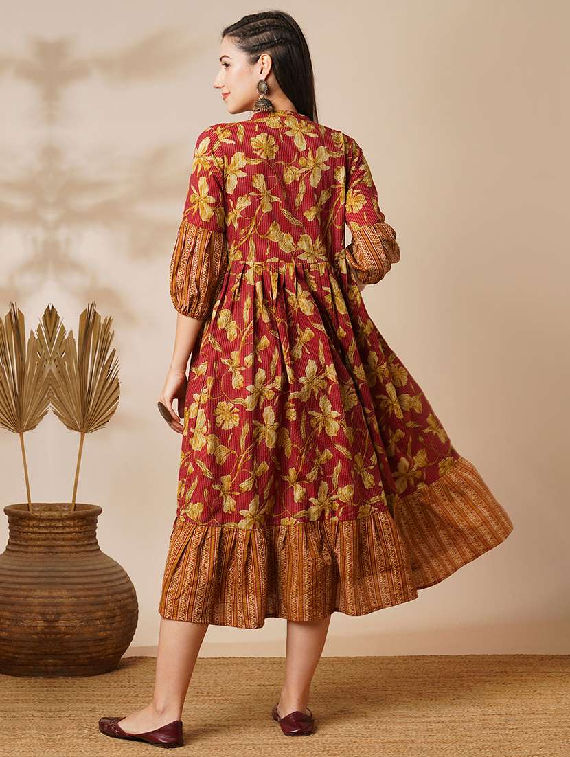 globus women red tie-up mandarin neck bishop sleeves floral print pleated tiered a-line midi fusion dress - 21531808 -  Standard Image - 2