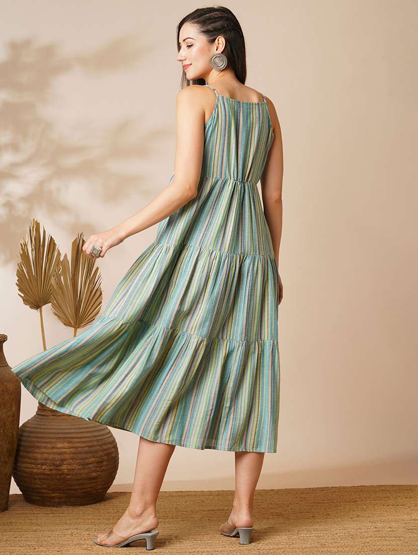 globus women green v-neck strappy shoulder floral embroidered mid-riff yoke striped tiered a-line midi fusion dress - 21531809 -  Standard Image - 2