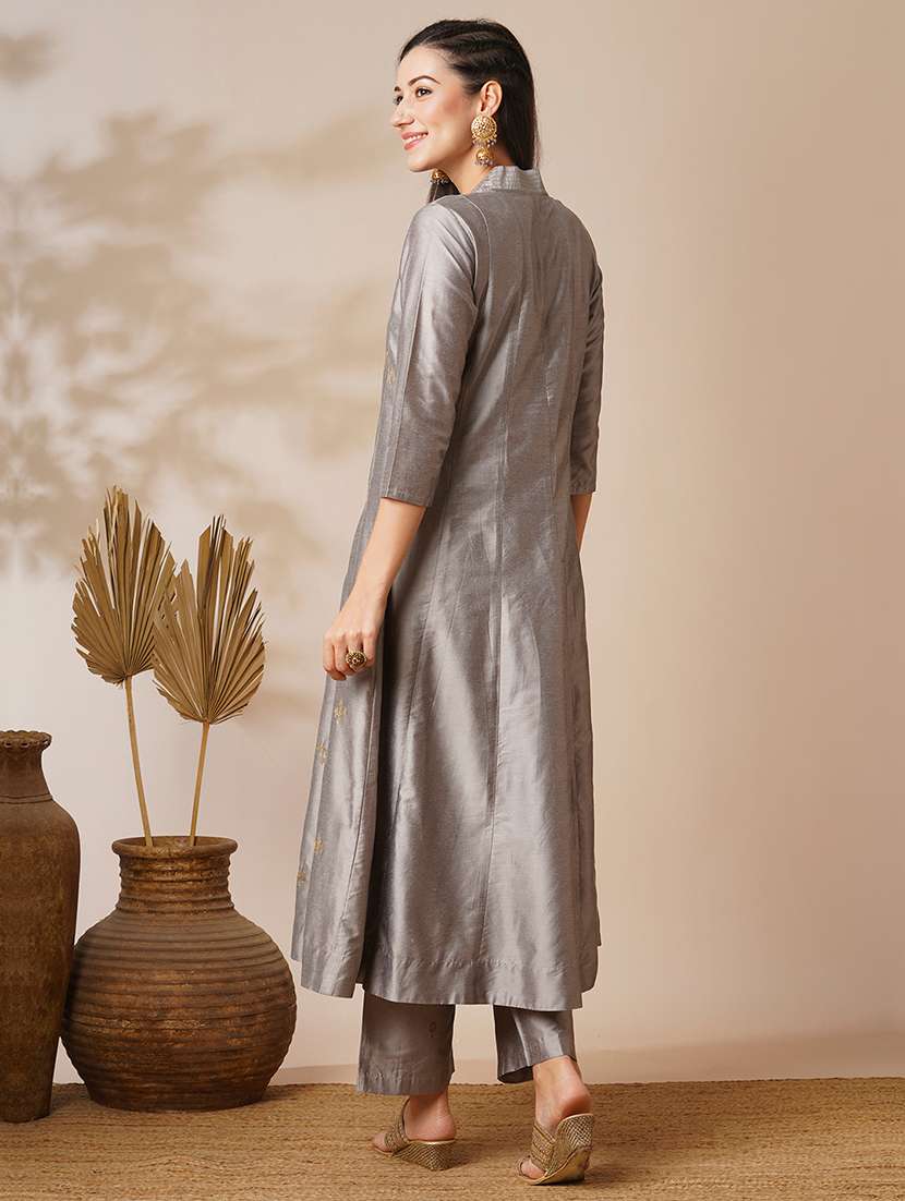 globus women grey v-neck gold zari embroidered panelled anarkali kurta with elasticated wide-leg pants festive set - 21531816 - Standard Image - 2