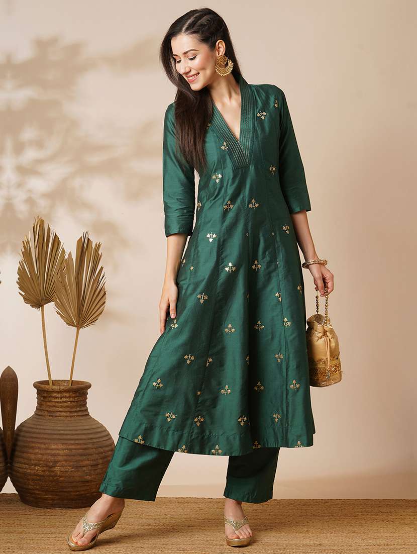 globus women green v-neck gold zari embroidered panelled anarkali kurta with elasticated wide-leg pants festive set
