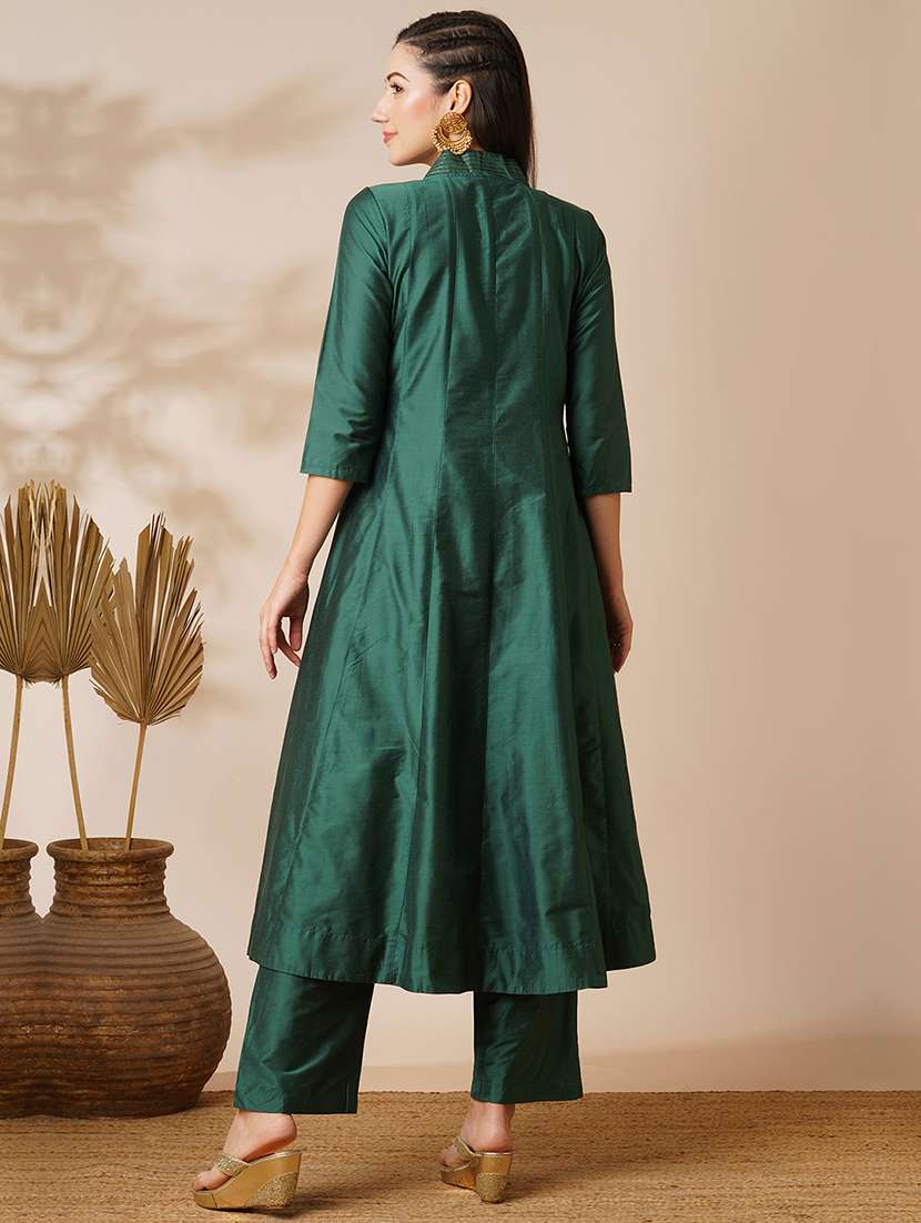 globus women green v-neck gold zari embroidered panelled anarkali kurta with elasticated wide-leg pants festive set - 21531817 - Standard Image - 2