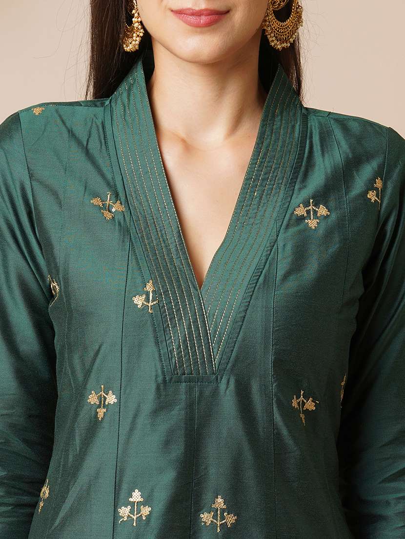 Globus Women Green V Neck Gold Zari Embroidered Panelled Anarkali Kurta With Elasticated Wide Leg Pants Festive Set