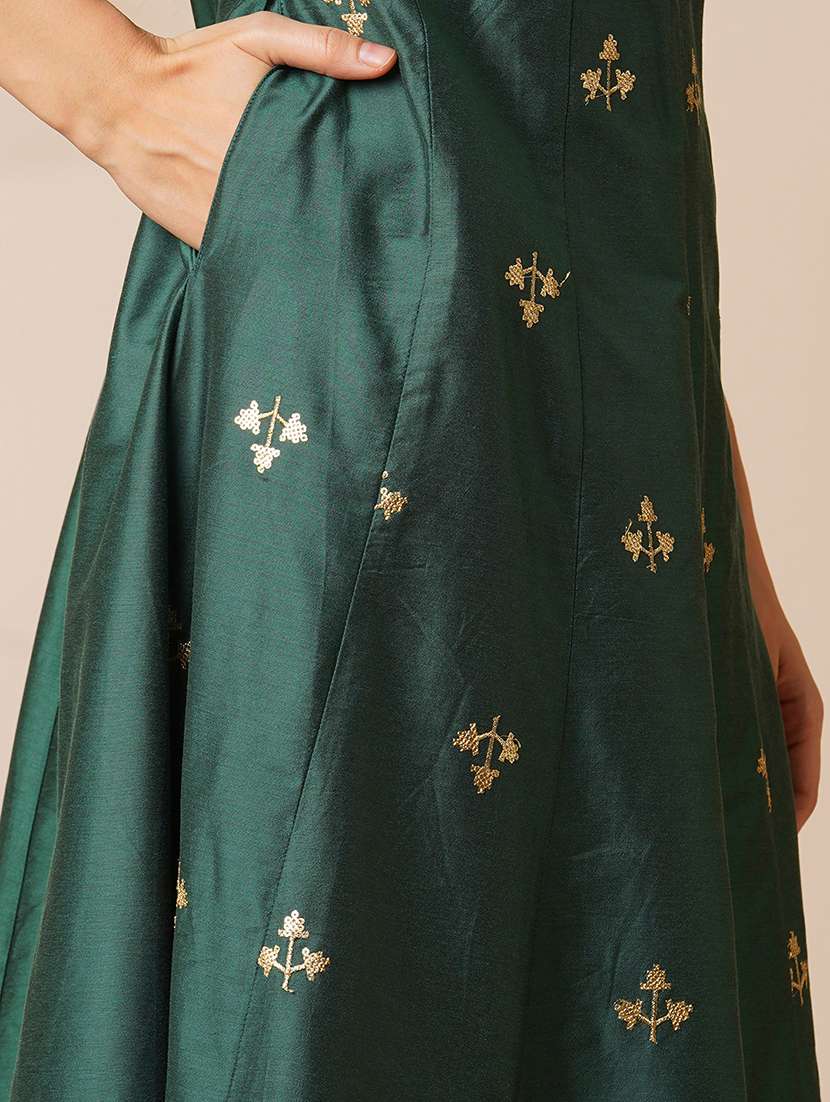 Globus Women Green V Neck Gold Zari Embroidered Panelled Anarkali Kurta With Elasticated Wide Leg Pants Festive Set