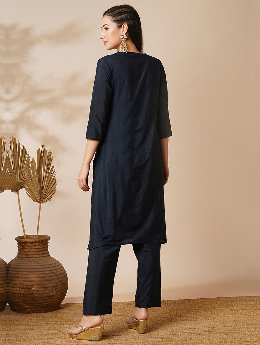 globus women blue v-neck silver brocade ethnic motifs straight knee length kurta with wide-leg pants festive set - 21531818 - Standard Image - 2