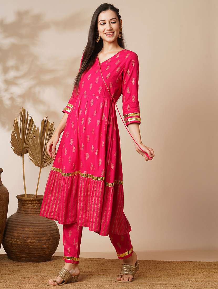 globus women pink v-neck floral printed gotta lace angrakha anarkali kurta with elasticated pants festive set