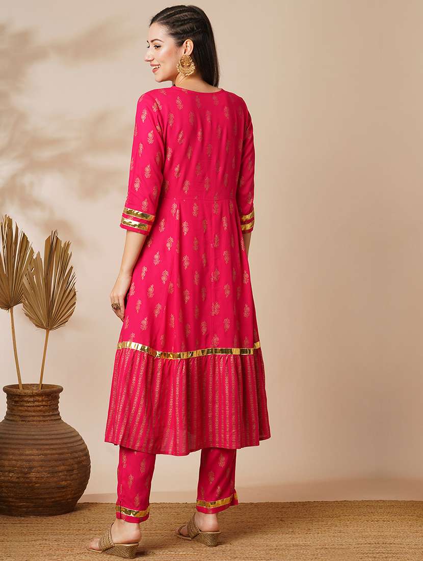 globus women pink v-neck floral printed gotta lace angrakha anarkali kurta with elasticated pants festive set - 21531819 -  Standard Image - 2
