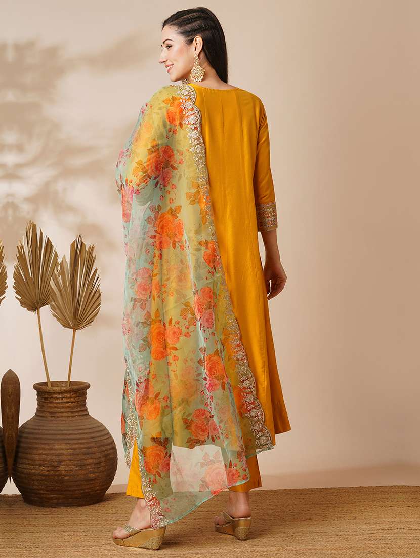 globus women yellow embroidered yoke panelled anarkali kurta with pants & scalloped border organza dupatta festive set - 21531820 - Standard Image - 2