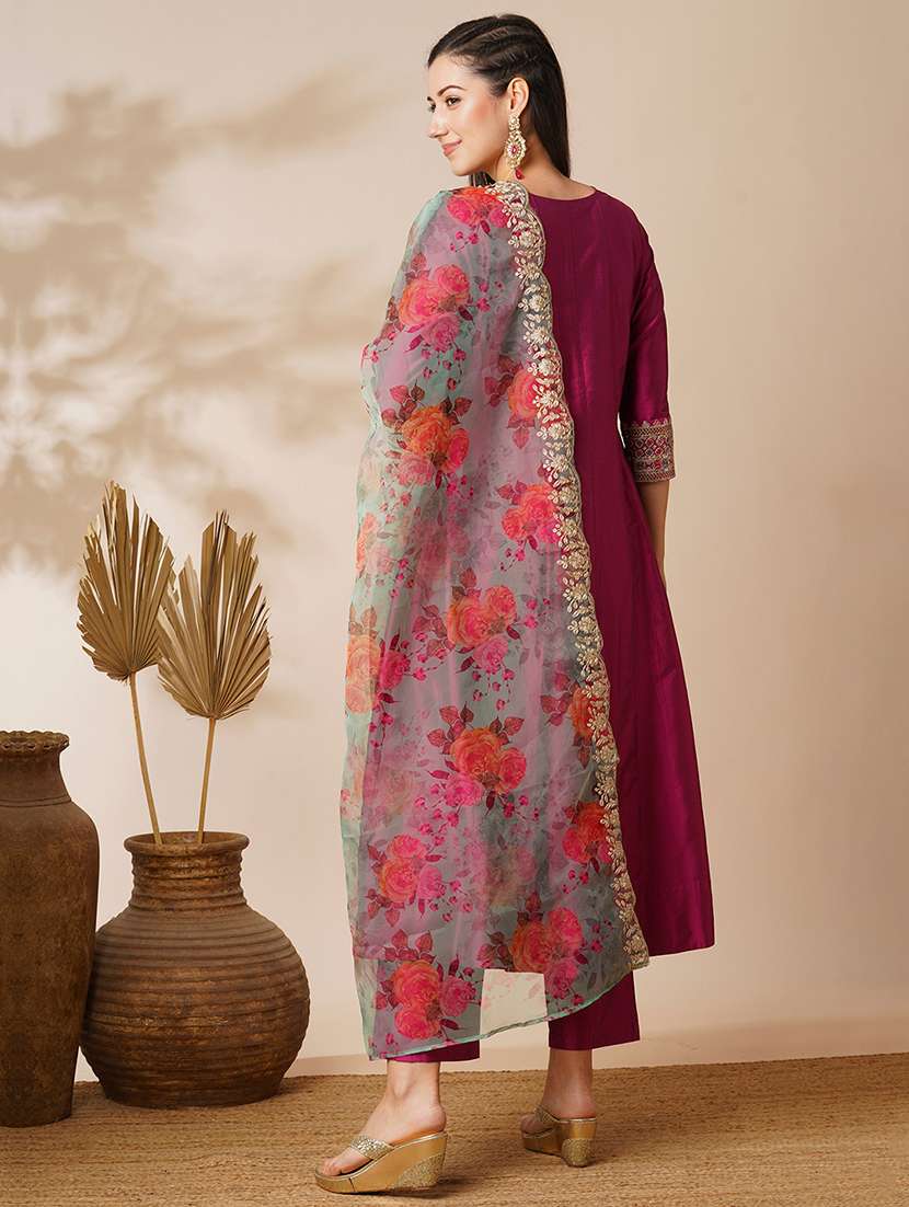 globus women pink embroidered yoke panelled anarkali kurta with pants & scalloped border organza dupatta festive set - 21531821 - Standard Image - 2