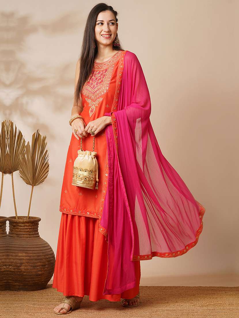 globus women orange sequin embroidered yoke straight kurta with sharara & patched lace contrast dupatta festive set