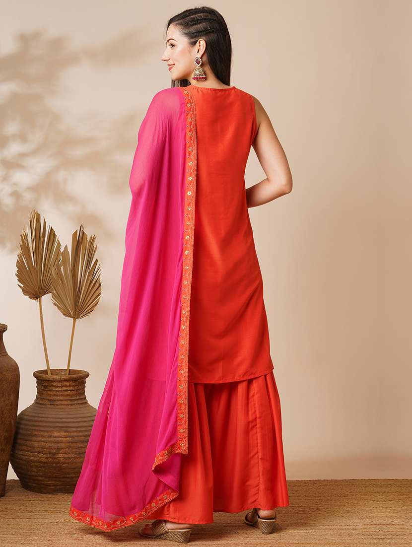 globus women orange sequin embroidered yoke straight kurta with sharara & patched lace contrast dupatta festive set - 21531822 -  Standard Image - 2