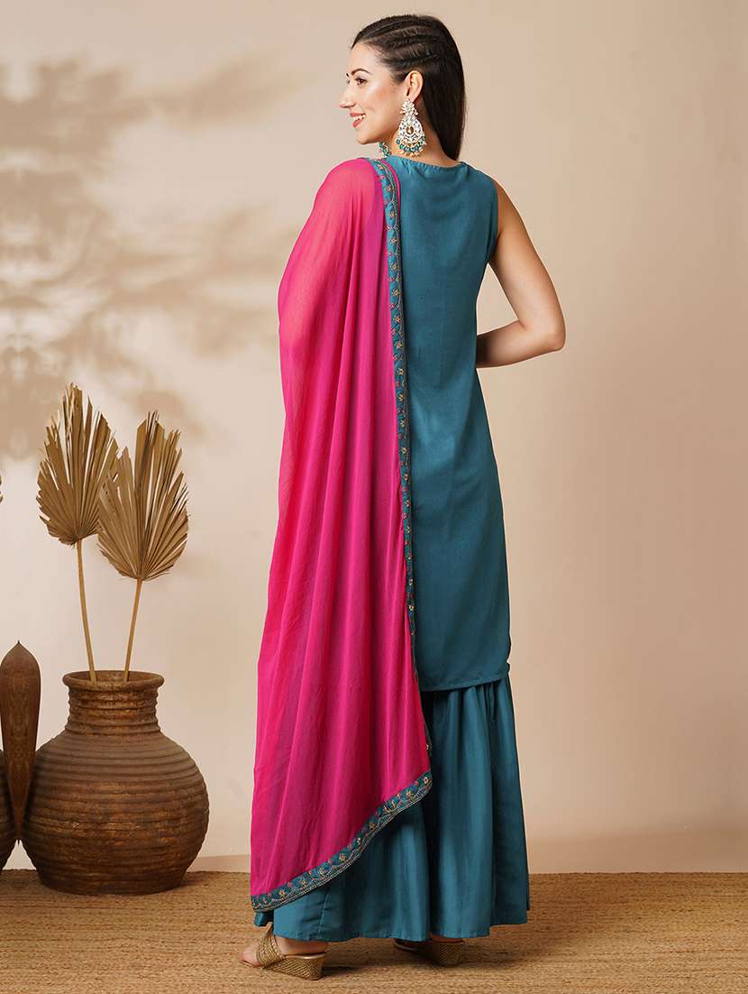 globus women teal sequin embroidered yoke straight kurta with sharara & patched lace contrast dupatta festive set - 21531823 - Standard Image - 2