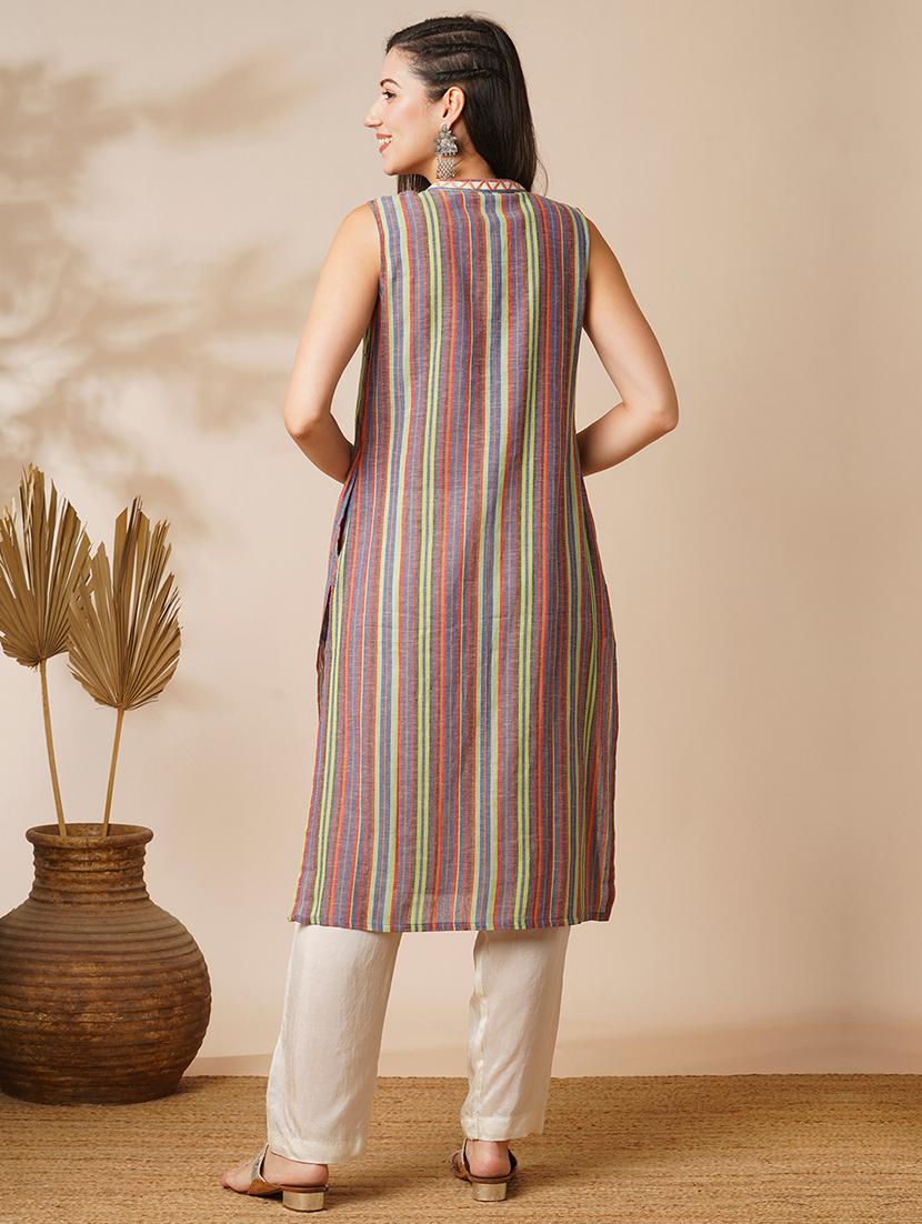 globus women multi colour mandarin collar embroidered yoke straight calf length workwear kurta - 21531824 - Standard Image - 2