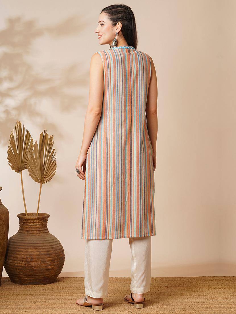 globus women multi colour mandarin collar embroidered yoke straight calf length workwear kurta - 21531825 - Standard Image - 2