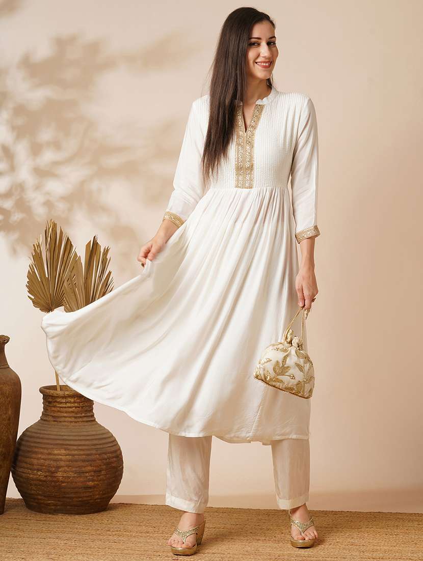 globus women off-white mandarin collar gotta lace yoke a-line calf length ethnic kurta