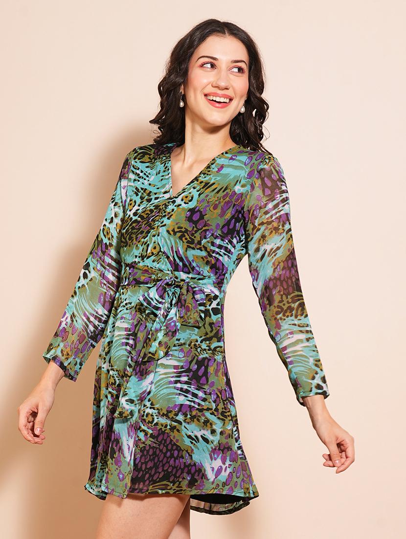 globus women multi colour animal print v-neck fit and flare tie-up styling mini party dress - 21531831 - Standard Image - 2
