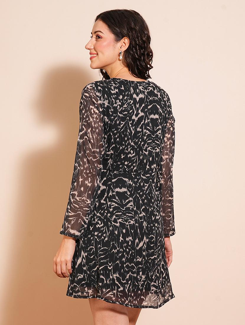 globus women black animal print v-neck fit and flare tie-up styling mini party dress - 21531832 - Standard Image - 2