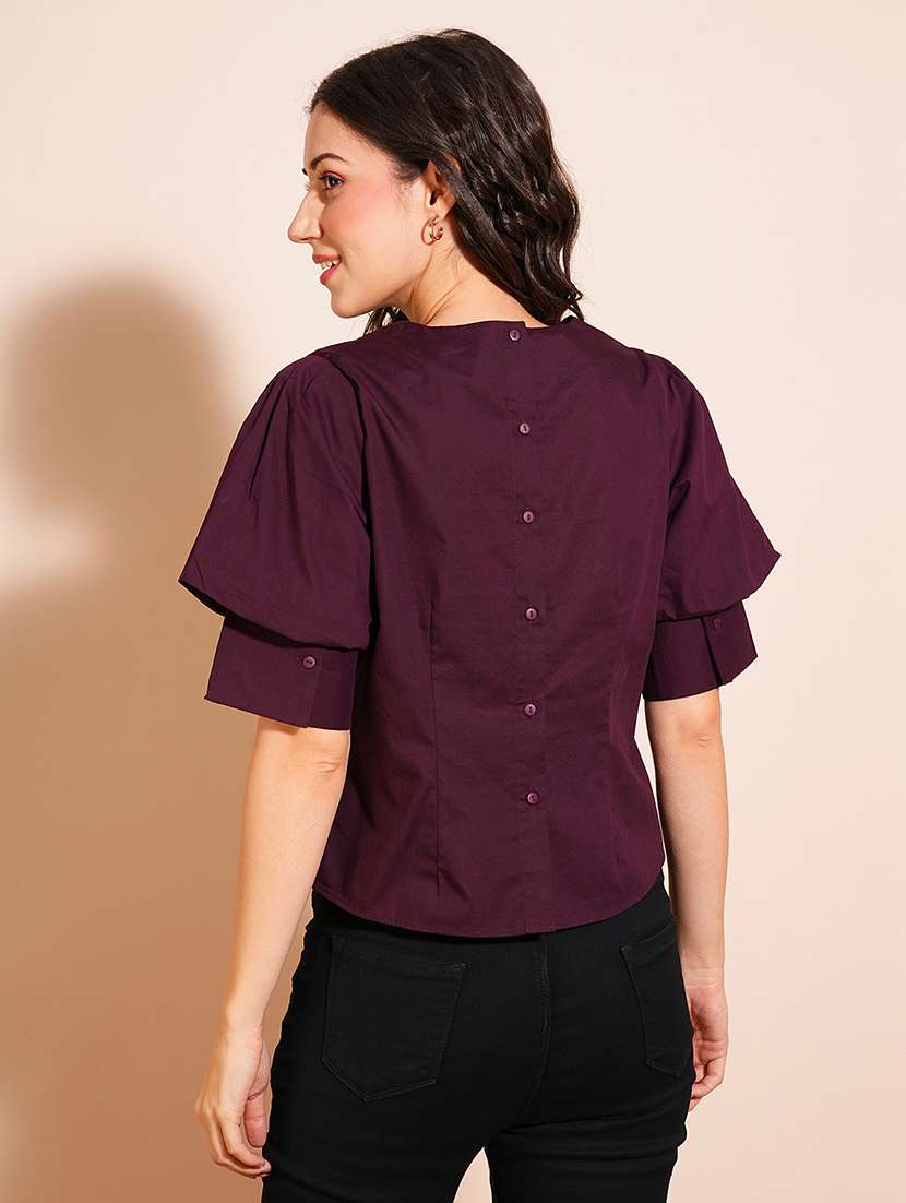 globus women purple puff sleeve round neck shirt style workwear with back button top - 21531839 -  Standard Image - 2