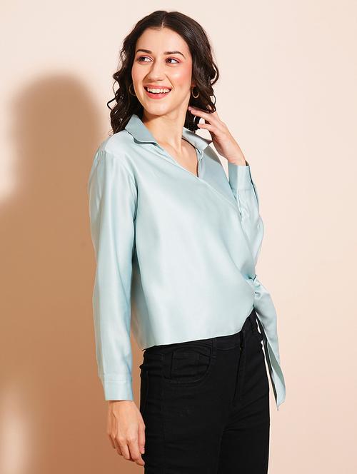 globus women blue shirt collar cuffed sleeves satin wrap party top with twisted surface detailing - 21531843 - Standard Image - 0