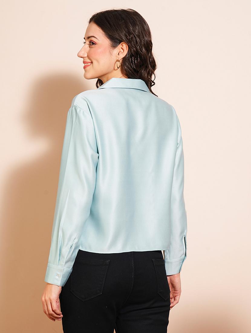 globus women blue shirt collar cuffed sleeves satin wrap party top with twisted surface detailing - 21531843 - Standard Image - 2