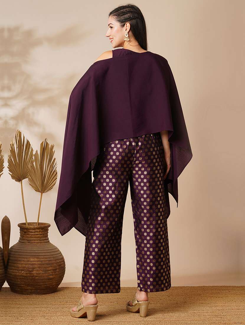women purple boat neck poncho top & ankle length mid-rise pants fusion co-ord set  - 21531865 -  Standard Image - 2