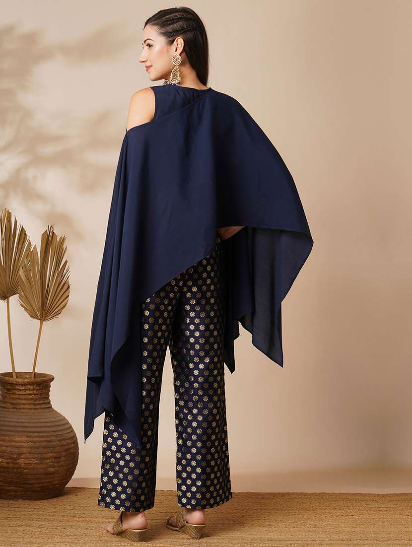 globus women blue woven design boat neck flared sleeves poncho top & ankle length mid-rise pants fusion co-ord set - 21531866 -  Standard Image - 2