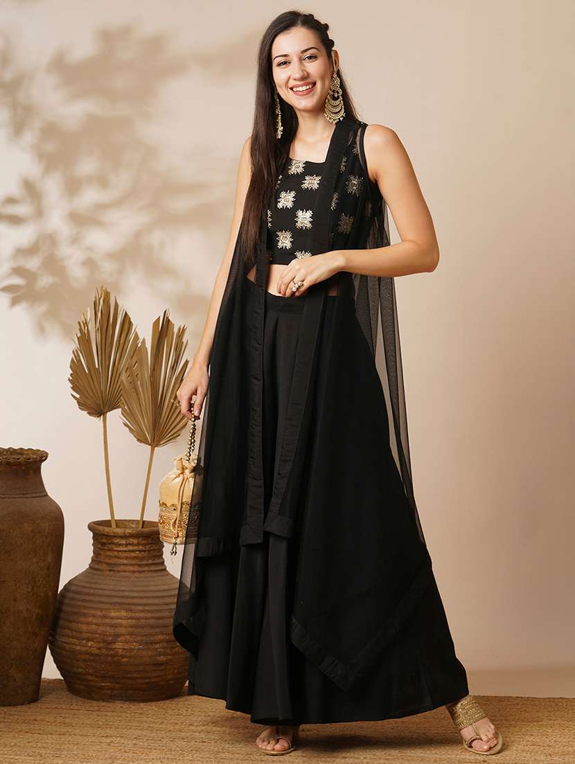 globus women black ethnic motifs strappy sleeves crop top & floor length palazzo with shrug fusion co-ord set