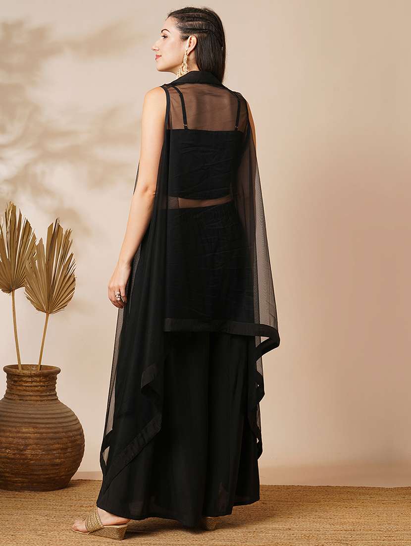 globus women black ethnic motifs strappy sleeves crop top & floor length palazzo with shrug fusion co-ord set - 21531867 - Standard Image - 2