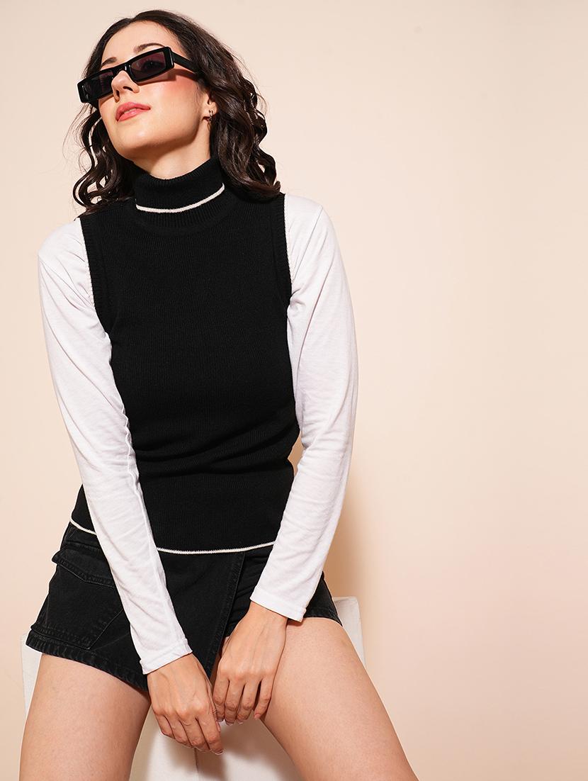 globus women black & white tipping turtle neck ribbed vest style sweater  - 21531869 -  Zoom Image - 0