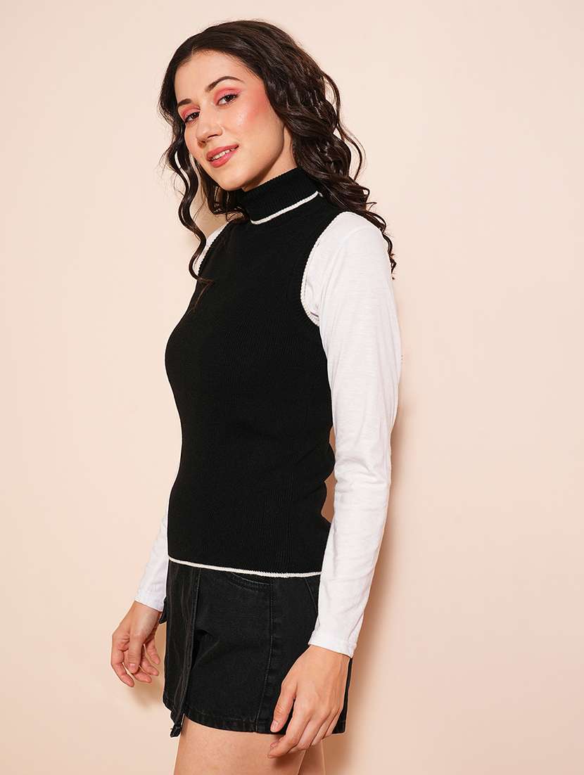 Globus Women Black & White Tipping Turtle Neck Ribbed Vest Style Sweater 