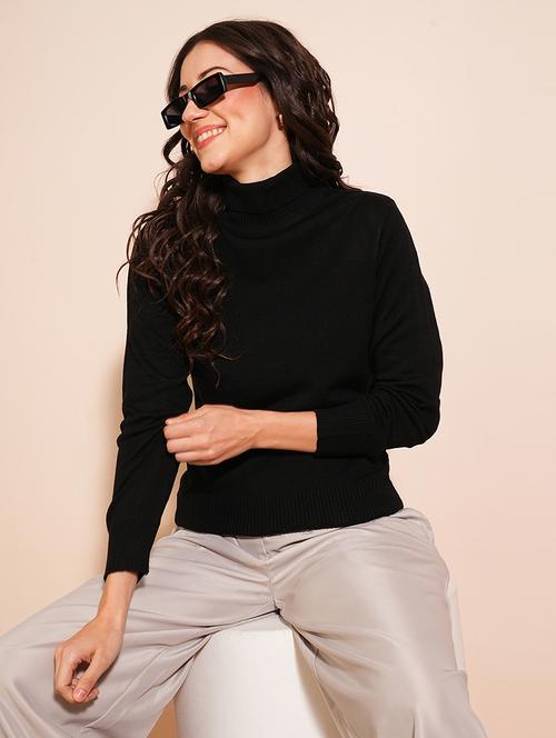 globus women black solid full sleeves turtle neck ribbed hem flat knit sweater - 21531871 - Standard Image - 0
