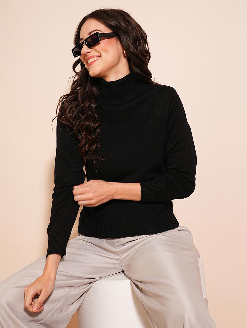 globus women black solid full sleeves turtle neck ribbed hem flat knit sweater - 21531871 - Zoom Image - 0