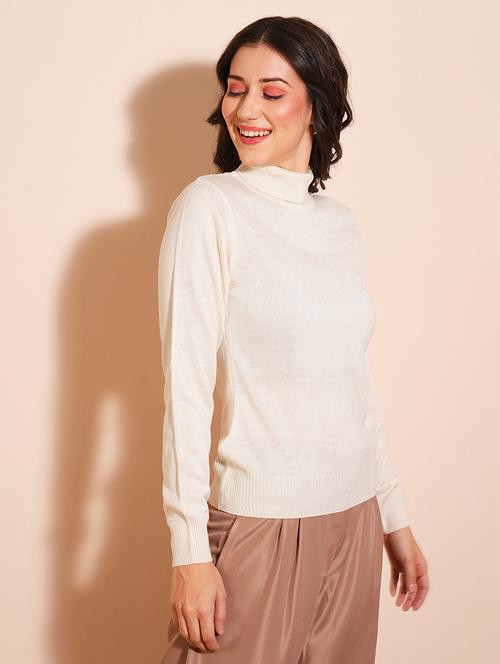 globus women off-white solid full sleeves turtle neck ribbed hem flat knit sweater  - 21531872 -  Standard Image - 0