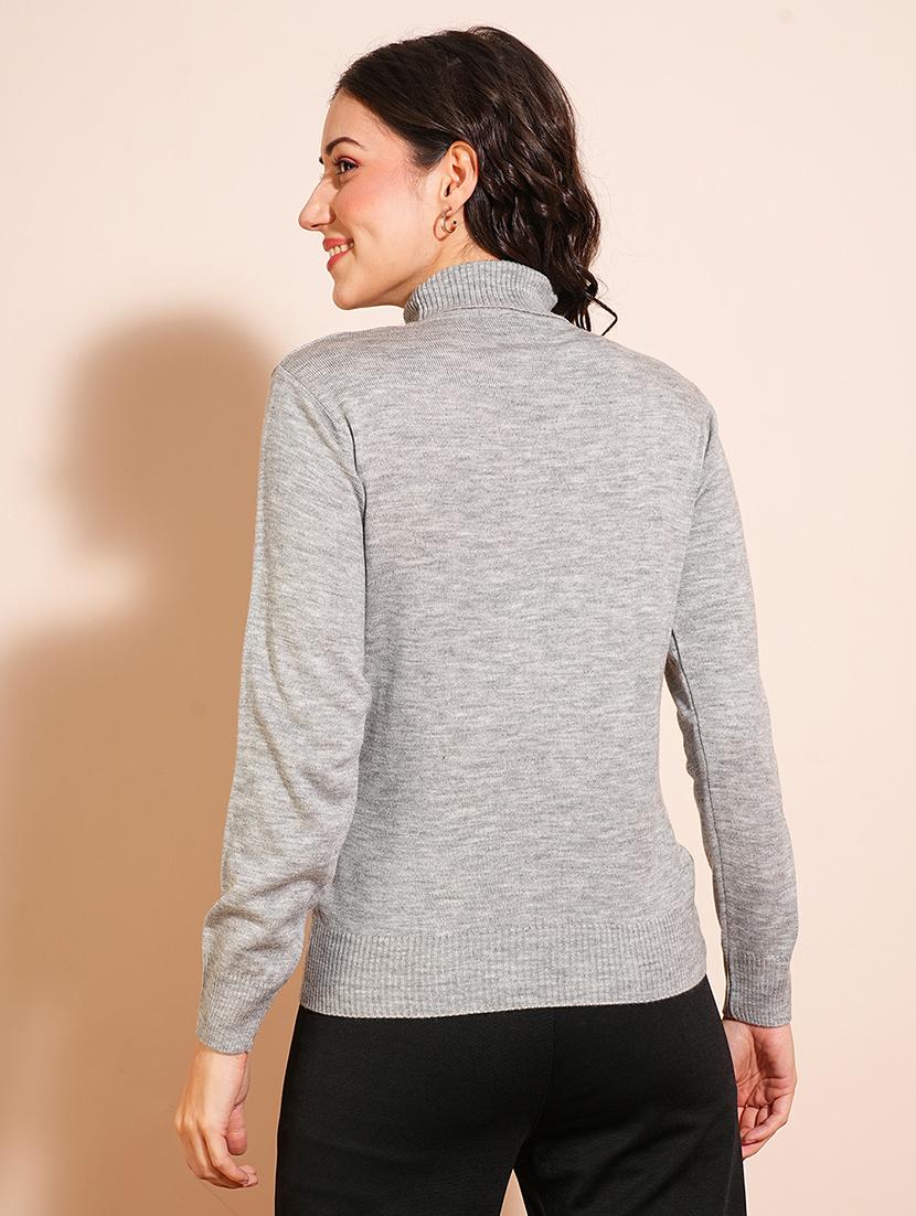globus women grey melange solid full sleeves turtle neck ribbed hem flat knit sweater - 21531873 - Standard Image - 2