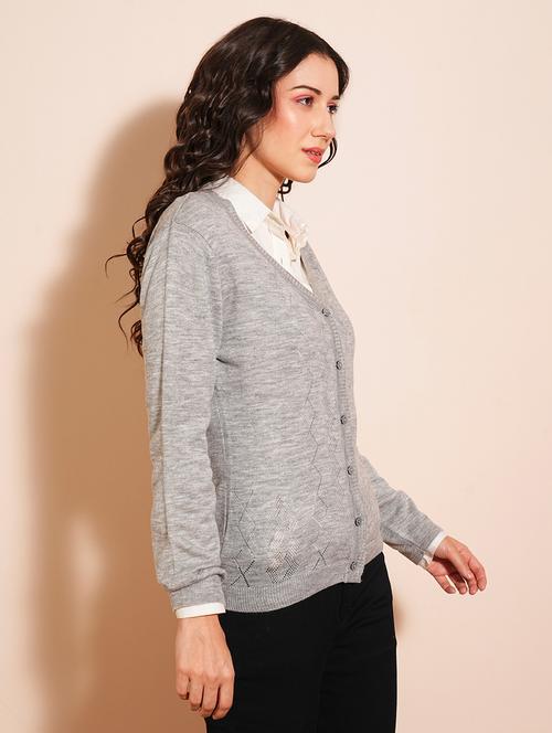globus women grey v-neck full sleeves self design ribbed hem cardigan sweater - 21531874 -  Standard Image - 0