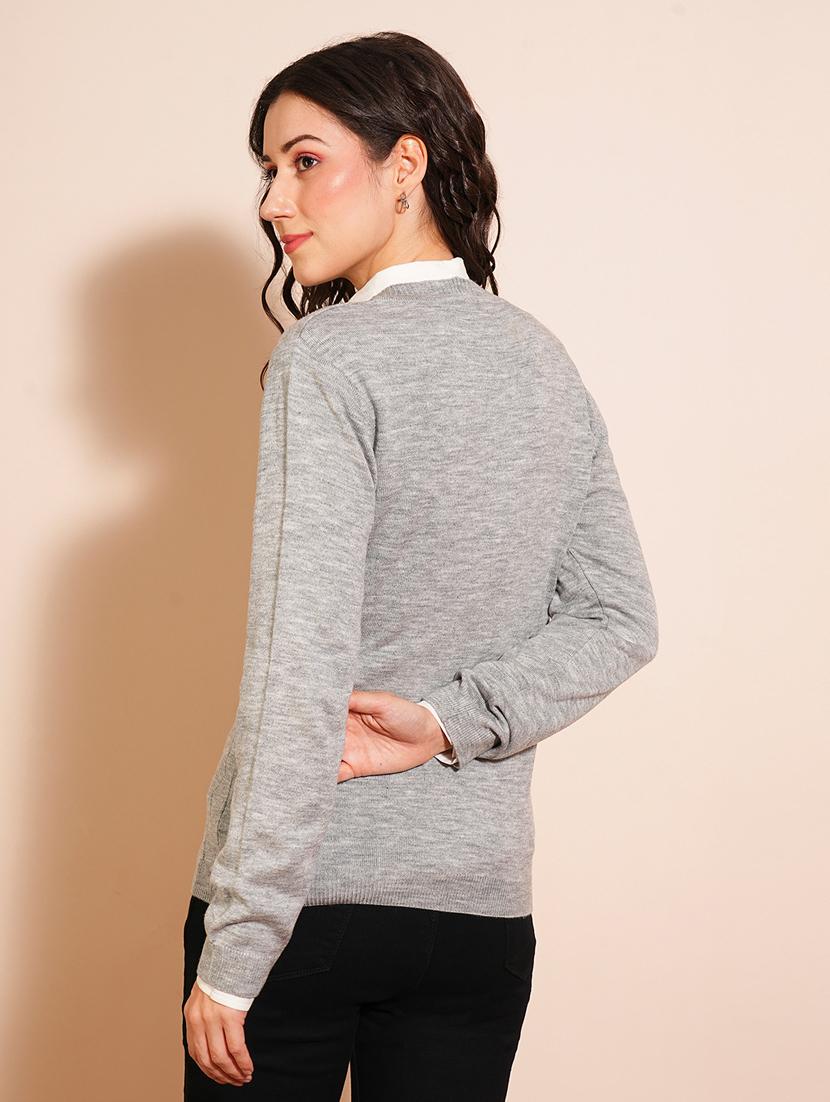 globus women grey v-neck full sleeves self design ribbed hem cardigan sweater - 21531874 - Standard Image - 2