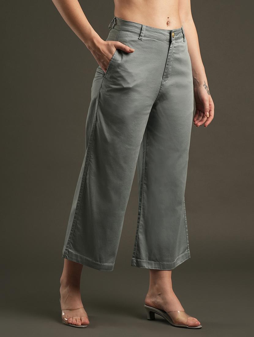 globus women aqua satin stretchable mid-rise relaxed fit flat front cropped wide leg formal trousers - 21531877 - Standard Image - 2