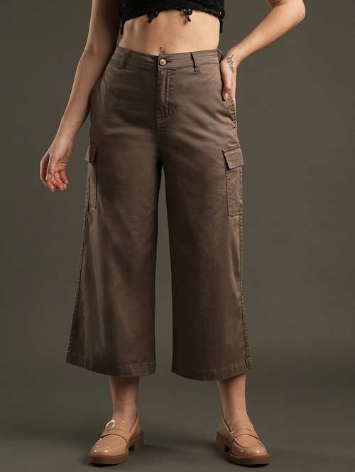 globus women dark grey cotton stretchable mid-rise relaxed fit flat front cropped wide leg trousers with cargo pocket - 21531878 -  Standard Image - 0