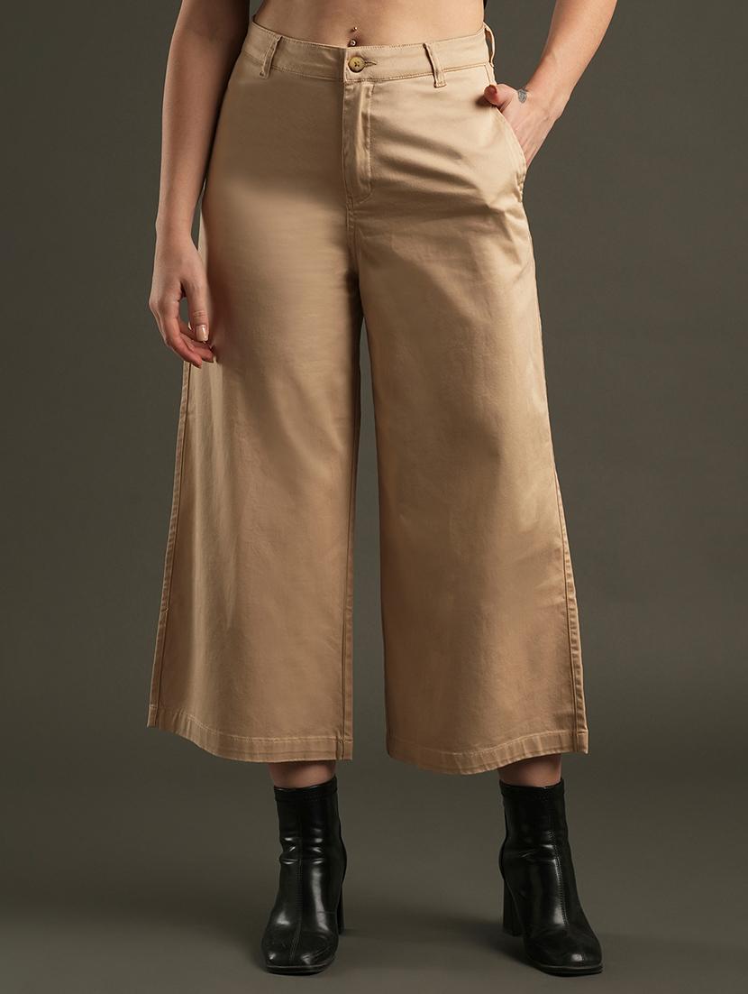 globus women camel brown satin stretchable mid-rise relaxed fit flat front cropped wide leg formal trousers - 21531879 -  Zoom Image - 0
