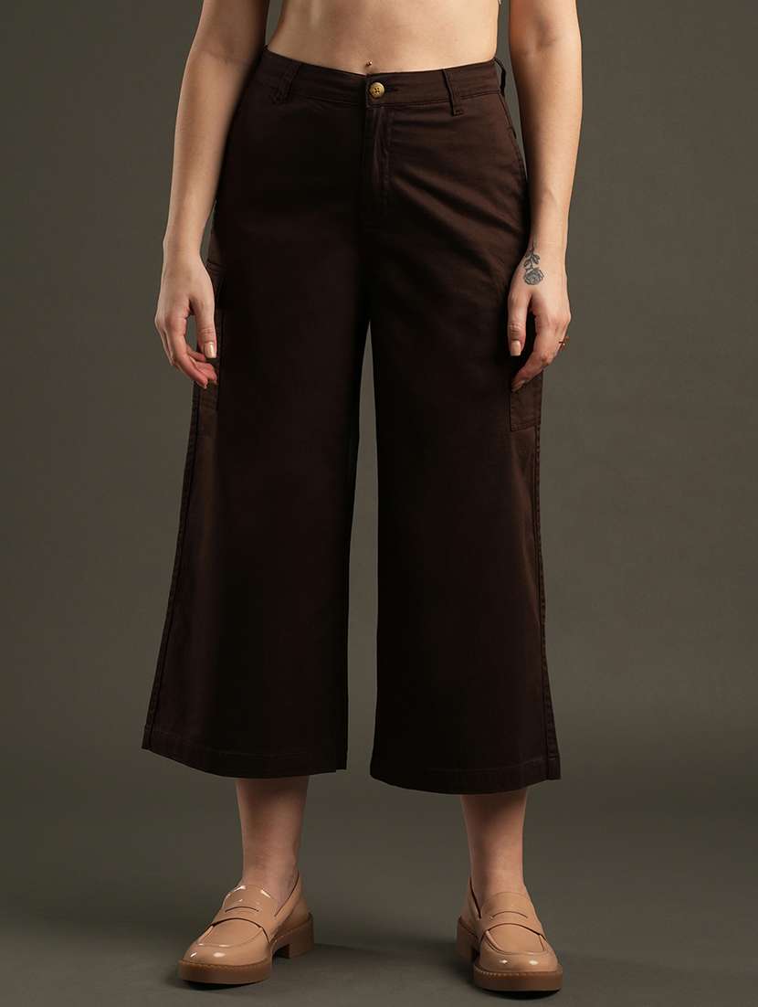 globus women coffee cotton stretchable mid-rise relaxed fit flat front cropped wide leg trousers with cargo pocket