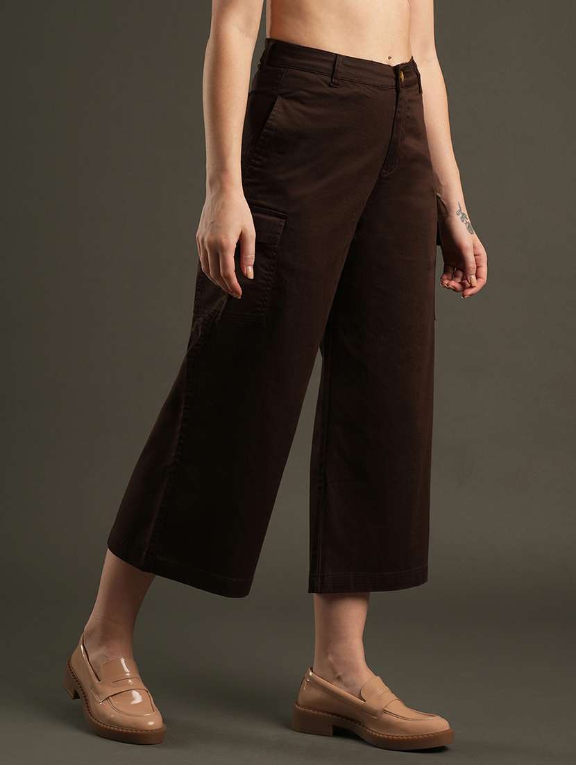 globus women coffee cotton stretchable mid-rise relaxed fit flat front cropped wide leg trousers with cargo pocket - 21531881 -  Standard Image - 2