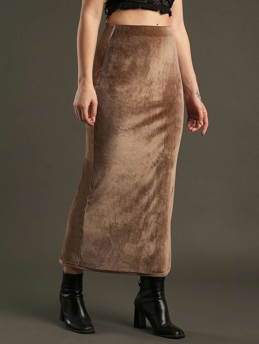 globus women dark olive velvet high-rise stretchable midi pencil skirt - 21531882 -  Standard Image - 2