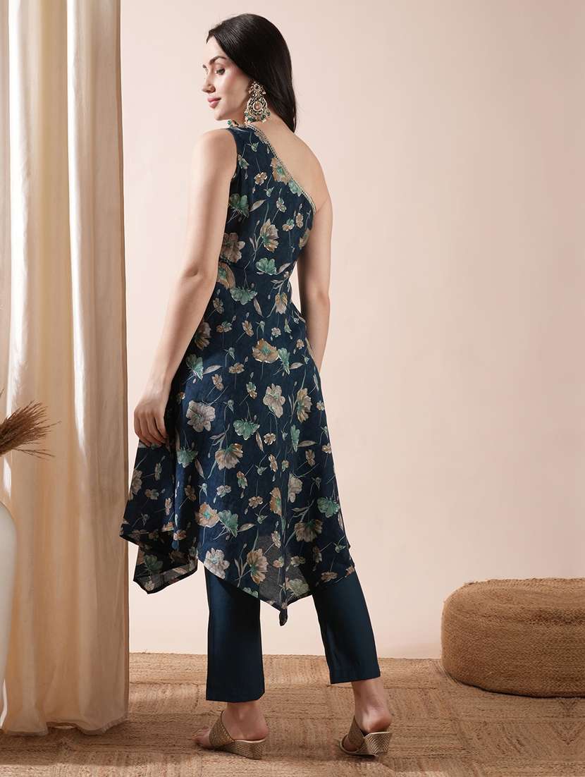 globus women blue one shoulder gotta lace detail silver highlight floral print asymmetric hem a-line kurta & pants fusion set - 21531886 -  Standard Image - 2