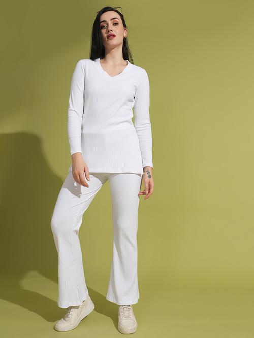 globus women white v-neck ribbed long sleeves side slit top & fully elasticated ankle length trouser co-ord set - 21531889 -  Standard Image - 0